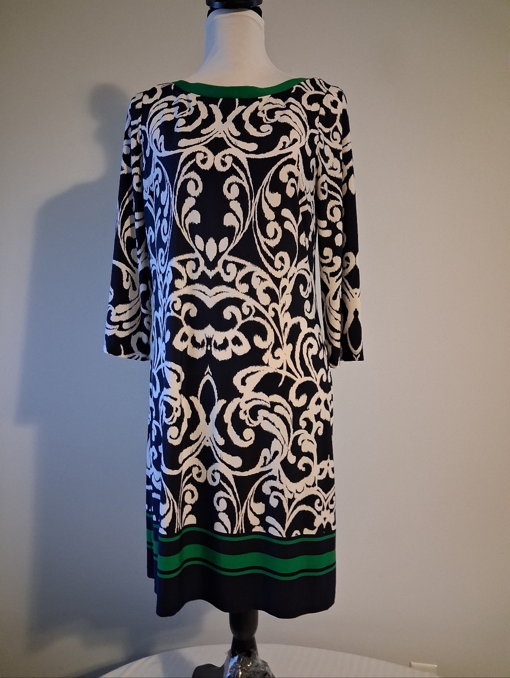 Eliza J Black and White Scroll Print Long Sleeve Dress with Green Trim